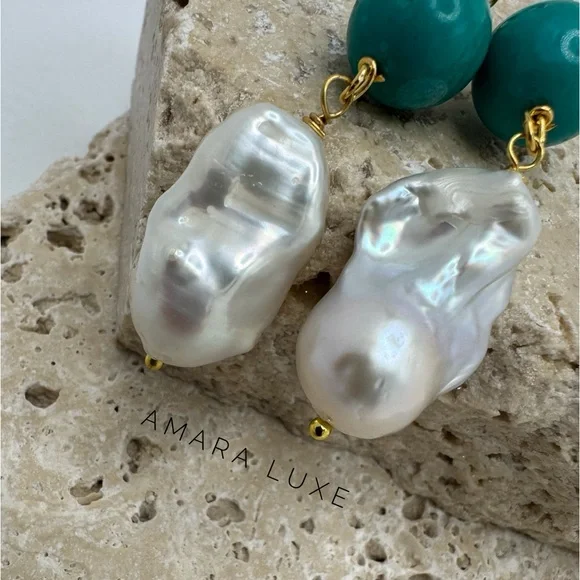Turquoise & Keshi Baroque Pearl Dangles - Picture 4 of 9